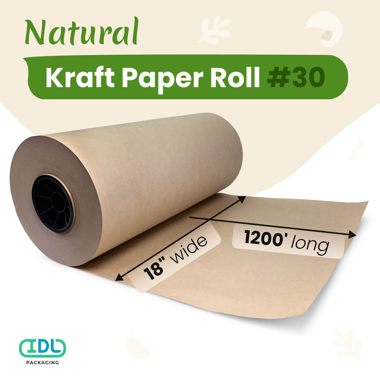 IDL Packaging – KP-181200 Rollo de papel Kraft marrón grande de 18 pulgadas x 1200 pies – Papel de embalaje Kraft natural para embalaje – Papel