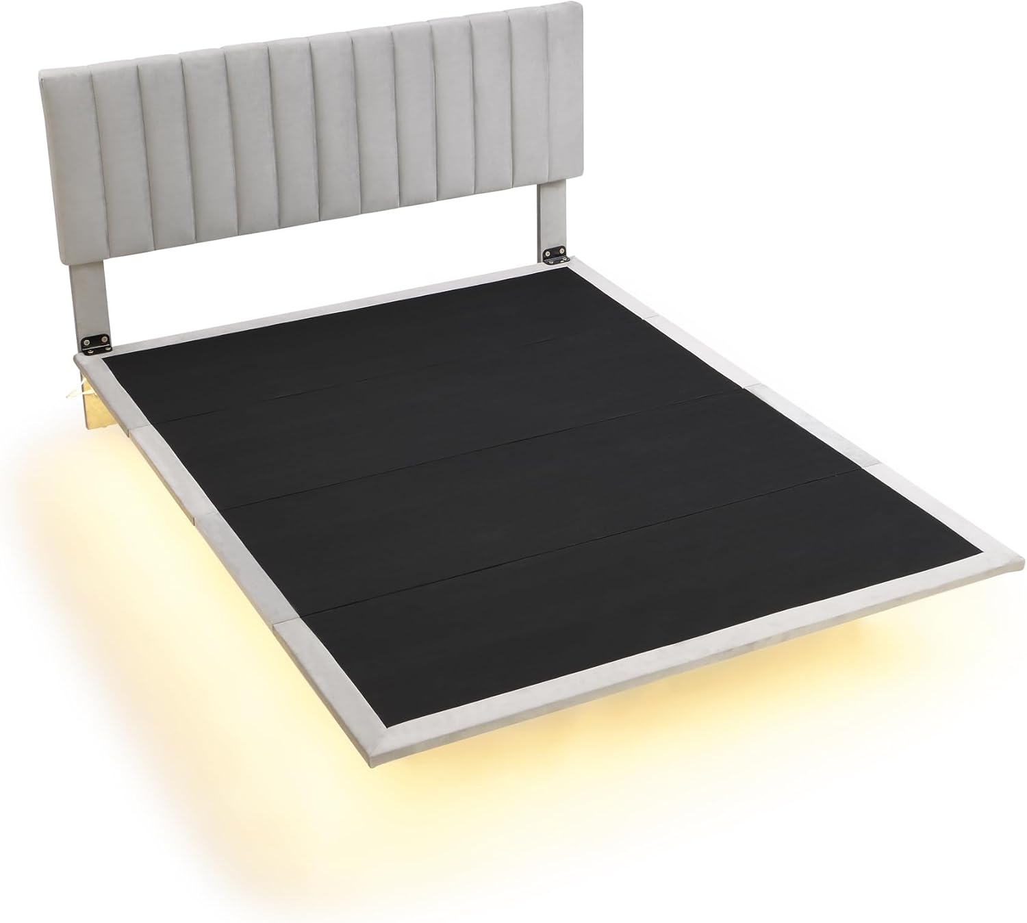 Merax Base de cama tapizada de terciopelo flotante tamaño Queen con sensor de luz y cabecero para adolescentes y adultos, color gris