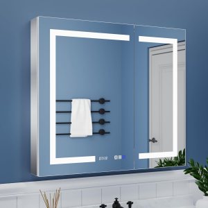ExBrite Botiquín de baño con iluminación LED con espejo, 36 x 32 pulgadas, botiquín empotrado o de superficie, reloj, pantalla de temperatura ExBrite Botiquín de baño con iluminación LED con espejo, 36 x 32 pulgadas, botiquín empotrado o de superficie, reloj, pantalla de temperatura