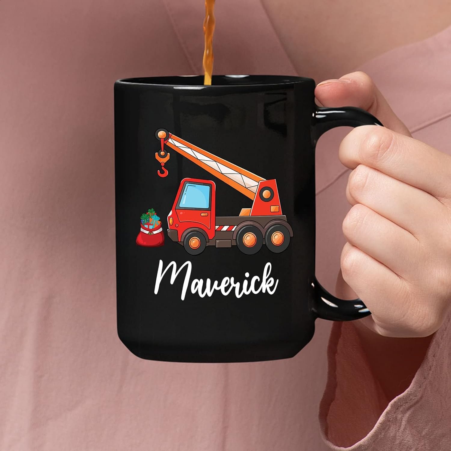 Taza de café personalizada con nombre de grúa para niños, taza de café para niños, camión grúa, tazas de cerámica negras de 11 onzas, 15 onzas, taza