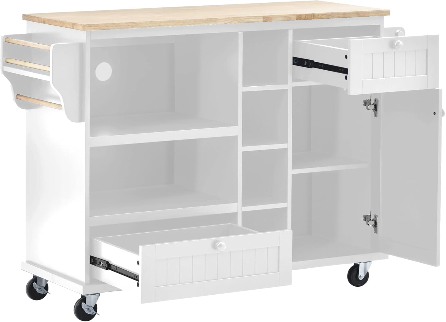 Olela Carrito de isla de cocina con almacenamiento, mesa de cocina móvil rodante para microondas con ruedas con estantes abiertos, cajones y
