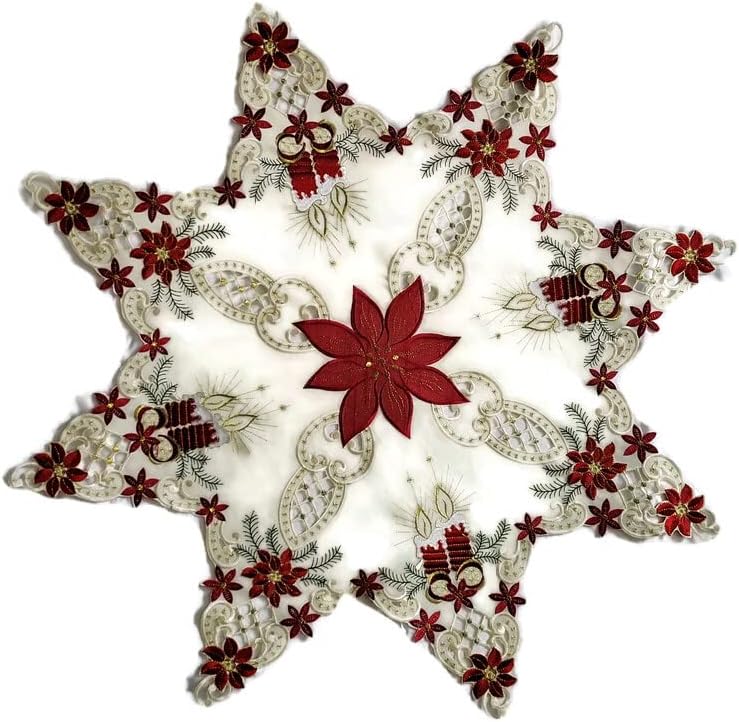 Mantel de Navidad o mantel bordado con estrellas con detalles rojos y dorados sobre tela blanca antigua, tamaño 36 pulgadas
