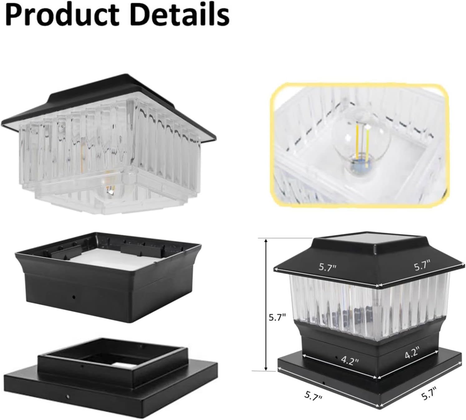 Luces solares de 50 lúmenes para postes de 4 x 4 pulgadas y 5.5 x 5.5 pulgadas, tres LED de color seleccionables, filamento LED de alto brillo para