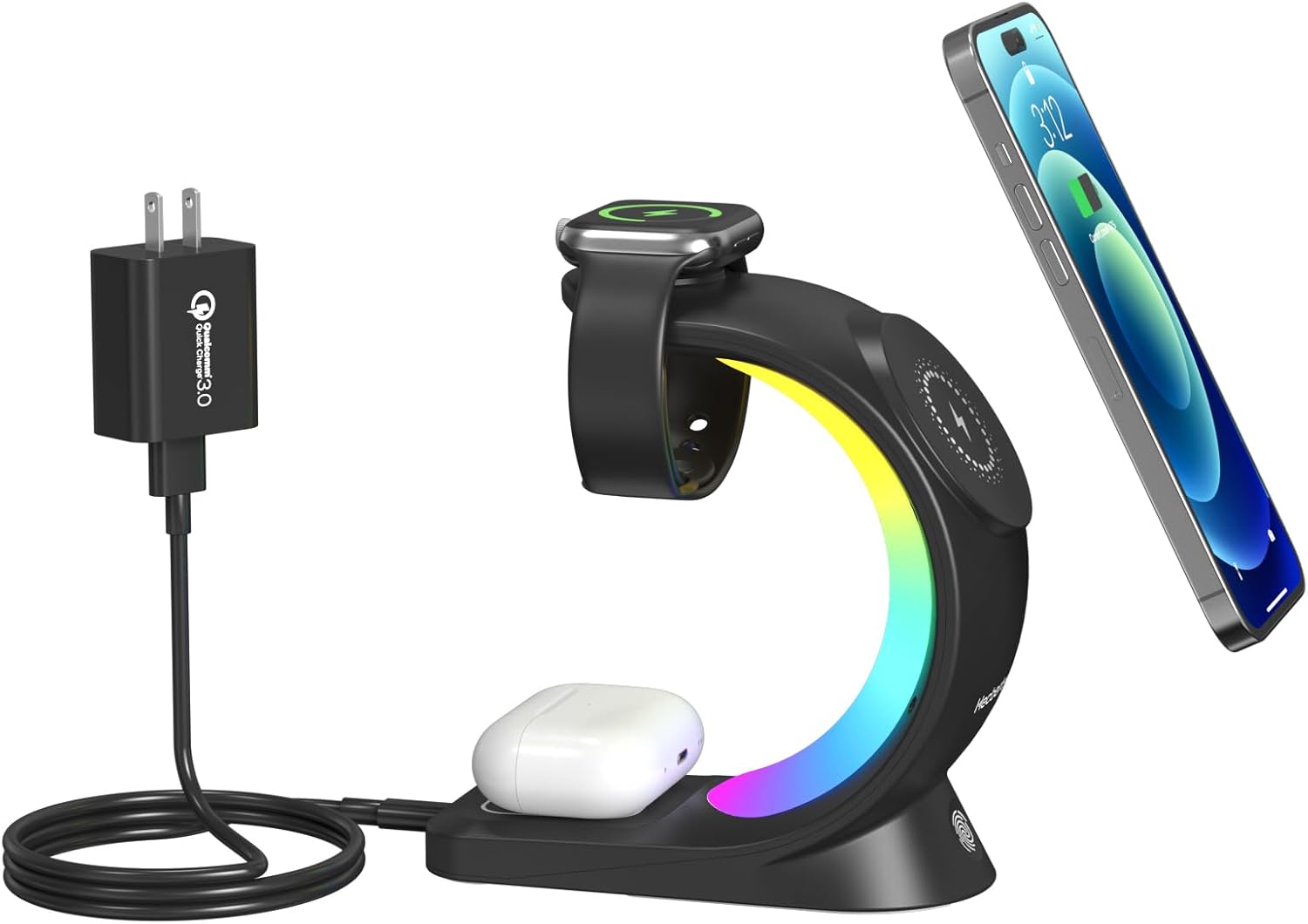 Cargador inalámbrico 3 en 1, con 6 modos de luz colorida para soporte de escritorio, estación de carga inalámbrica MagSafe rápida para iPhone 15 14