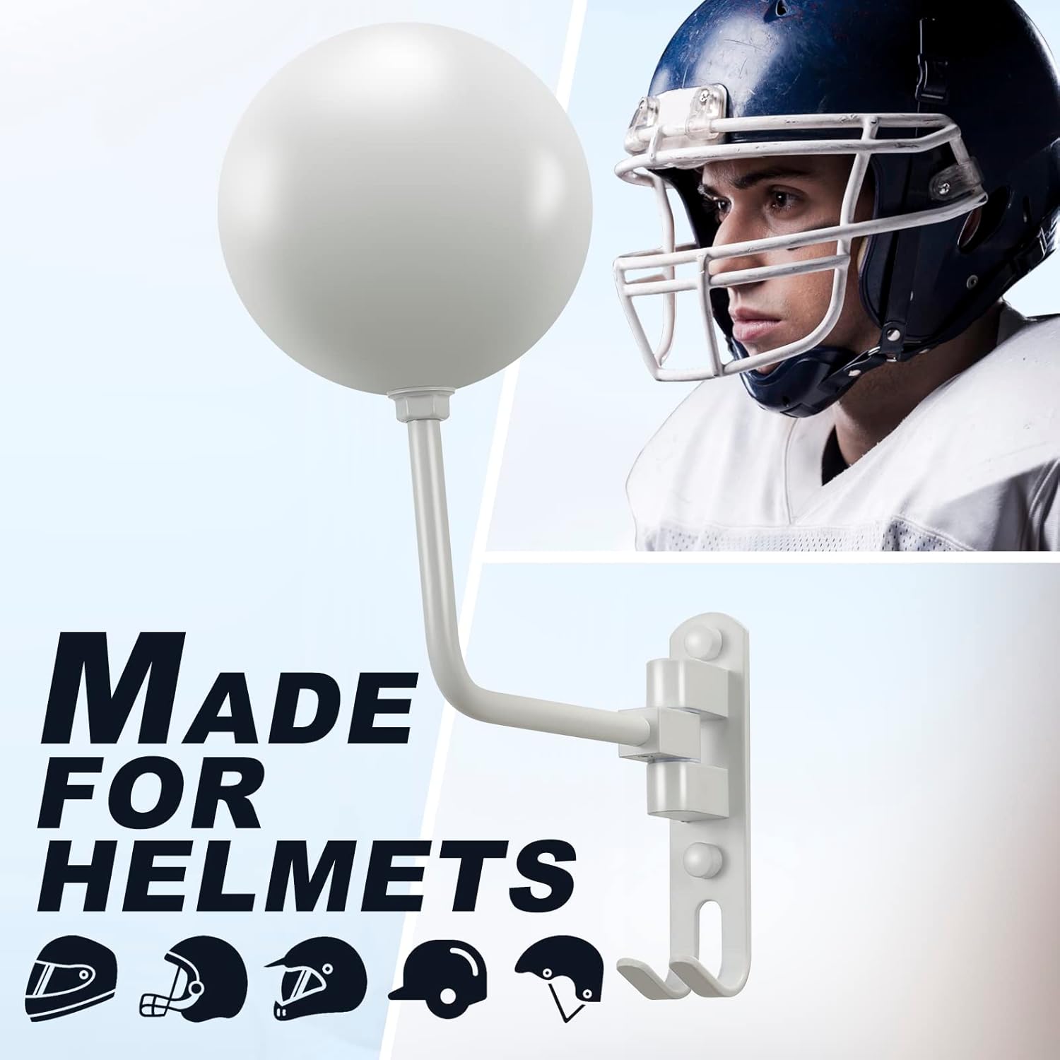 Soporte blanco para casco con 2 ganchos, soporte para casco de fútbol montado en la pared, soporte para casco de motocicleta, estante para chaqueta