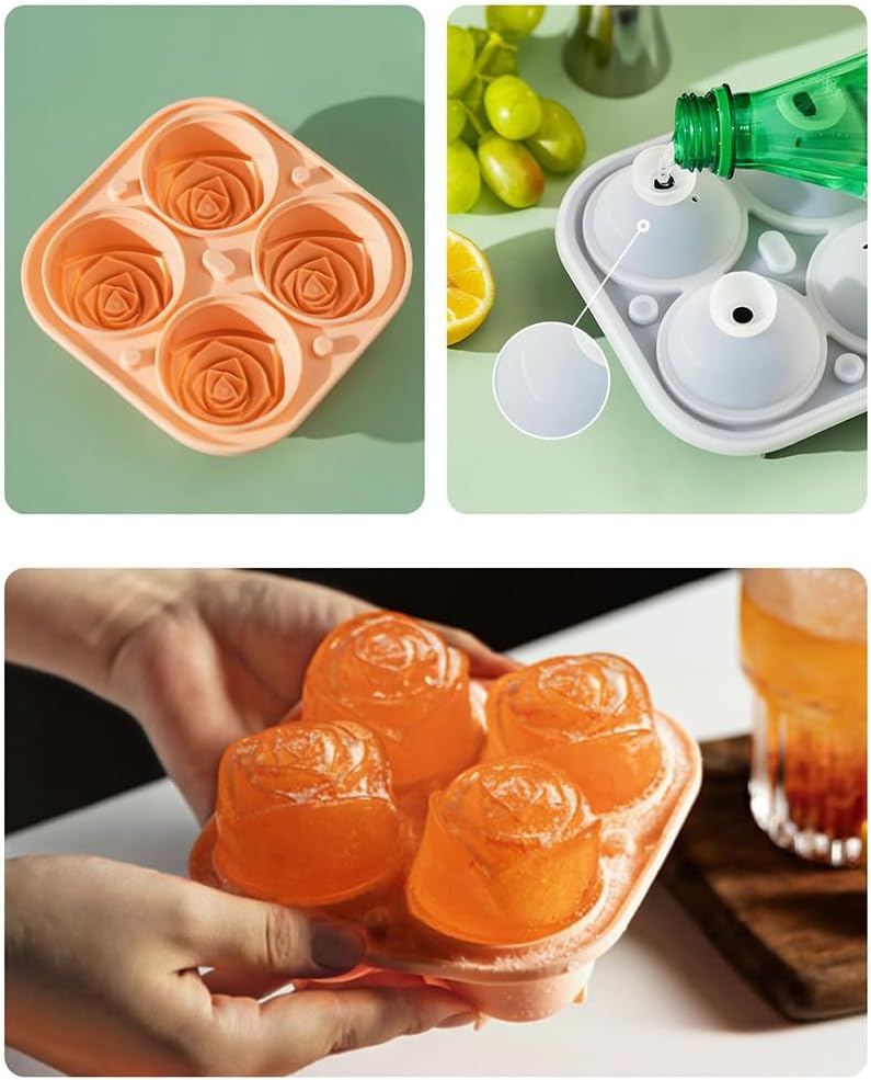 Bandeja para cubitos de hielo, moldes para cubitos de hielo de rosas de 2.5 pulgadas, bandeja de silicona para cubitos de hielo con forma de flor de