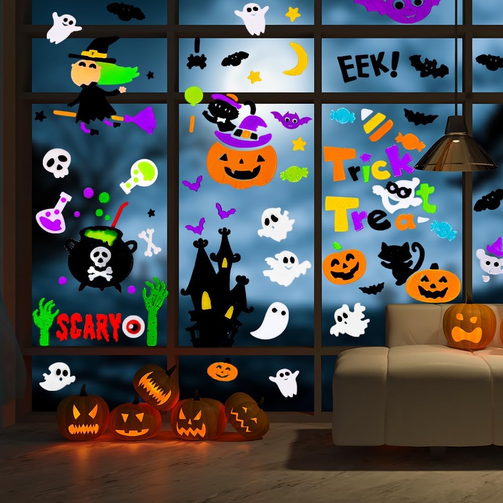 JOICEE Calcomanías gruesas de gel para Halloween para niños, lindas calabazas, brujas, murciélagos, gatos negros, calcomanías para decoración de