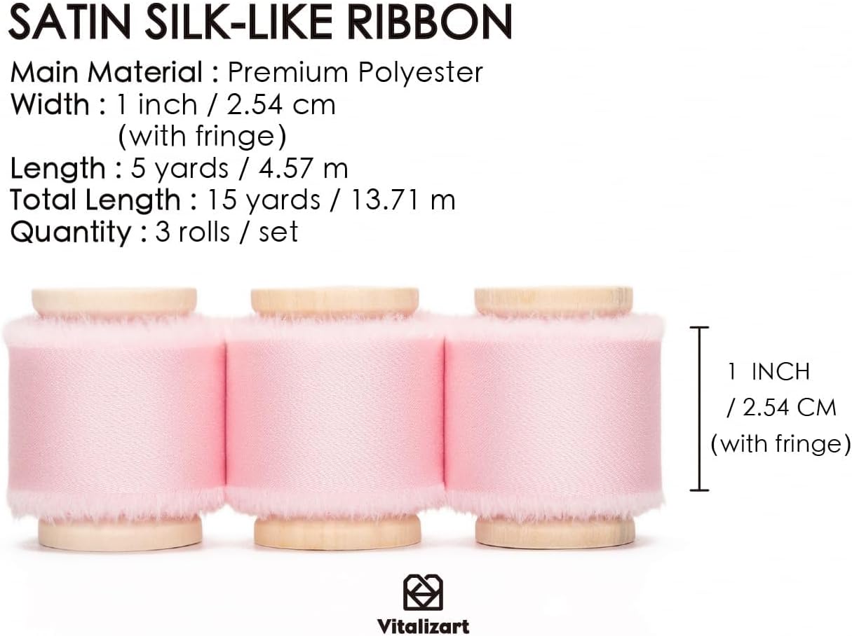 Vitalizart Cinta de satén de seda rosa de 1 pulgada x 15 yardas, carrete de madera hecha a mano para envolver regalos, baby shower, boda, ramos de
