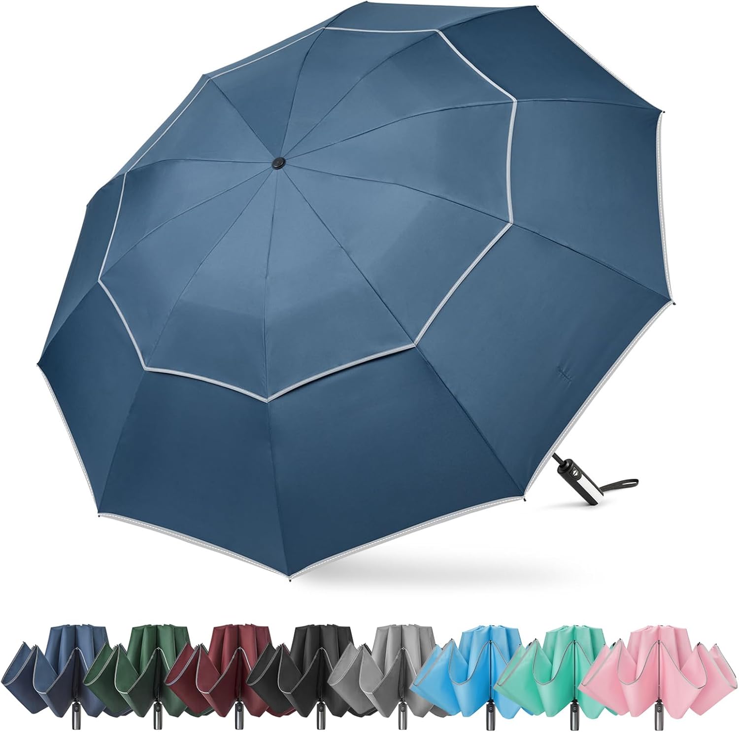 G4Free Paraguas invertido resistente al viento de 62 pulgadas con rayas reflectantes, paraguas grande y compacto de golf para lluvia, 10 varillas,