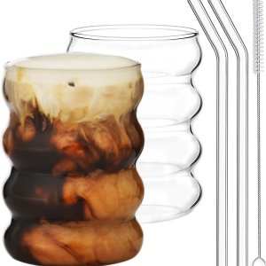 ALINK Juego de 2 vasos para beber con pajitas de vidrio, vasos de vidrio de burbujas con forma de onda de 12 onzas, vasos de cerveza, vasos de café ALINK Juego de 2 vasos para beber con pajitas de vidrio, vasos de vidrio de burbujas con forma de onda de 12 onzas, vasos de cerveza, vasos de café