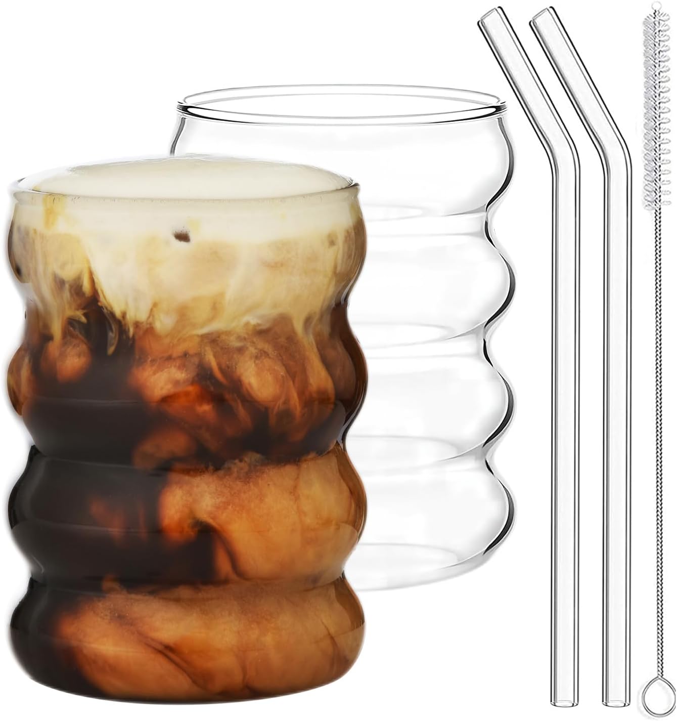ALINK Juego de 2 vasos para beber con pajitas de vidrio, vasos de vidrio de burbujas con forma de onda de 12 onzas, vasos de cerveza, vasos de café