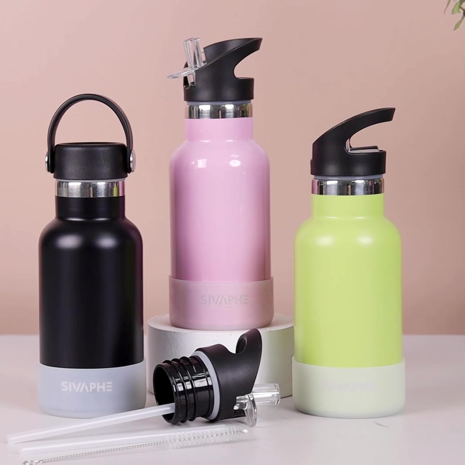 Botella de agua para niños de 12 onzas con tapas de pajilla, botella de metal de acero inoxidable para niñas y niños