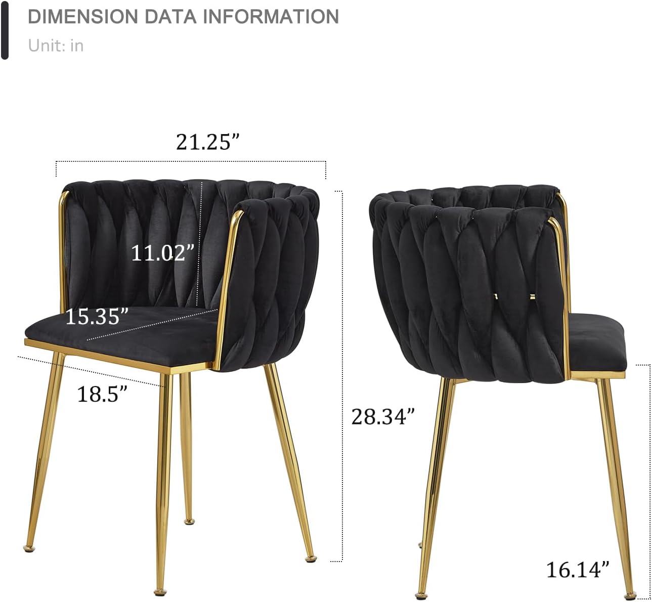 Tsuysi Juego de 4 sillas de comedor de terciopelo negro, sillas de comedor tapizadas con patas de metal dorado, silla de comedor tejida moderna para