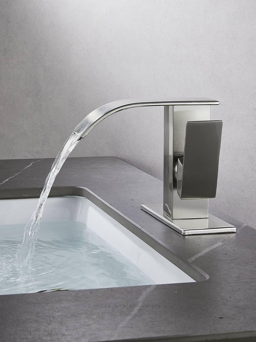 Grifo de lavabo de baño de 1 agujero, cascada de níquel cepillado, mango moderno de un solo agujero, grifos de tocador de baño para fregaderos, 1