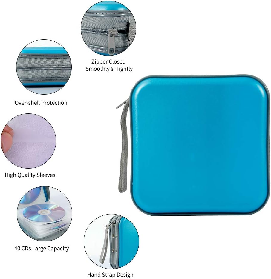 Funda para CD, CDDVD, 40 capacidades, funda protectora para CD y VCD, organizador de almacenamiento, folleto, cartera para el hogar y el auto (azul