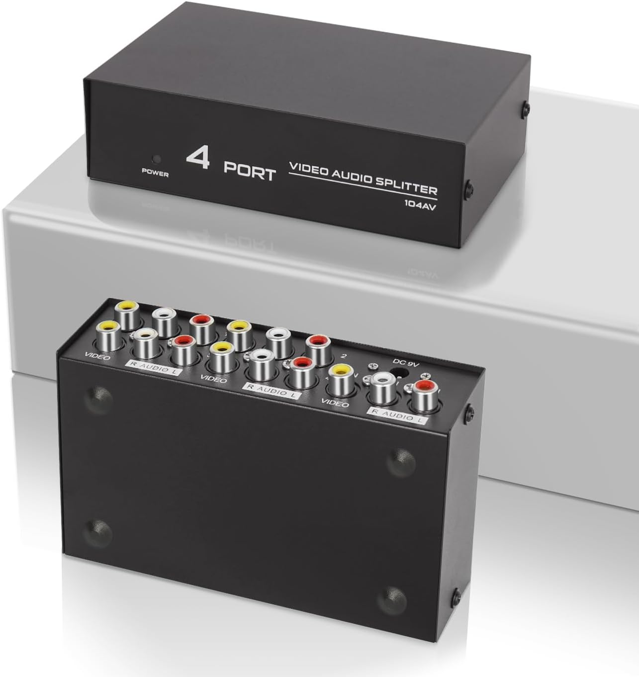 Divisor RCA de 4 vías, 1 en 4 salidas AV Splitter, Audio Compuesto Video LR Caja de distribución para DVD DVR HDTV Monitor PC