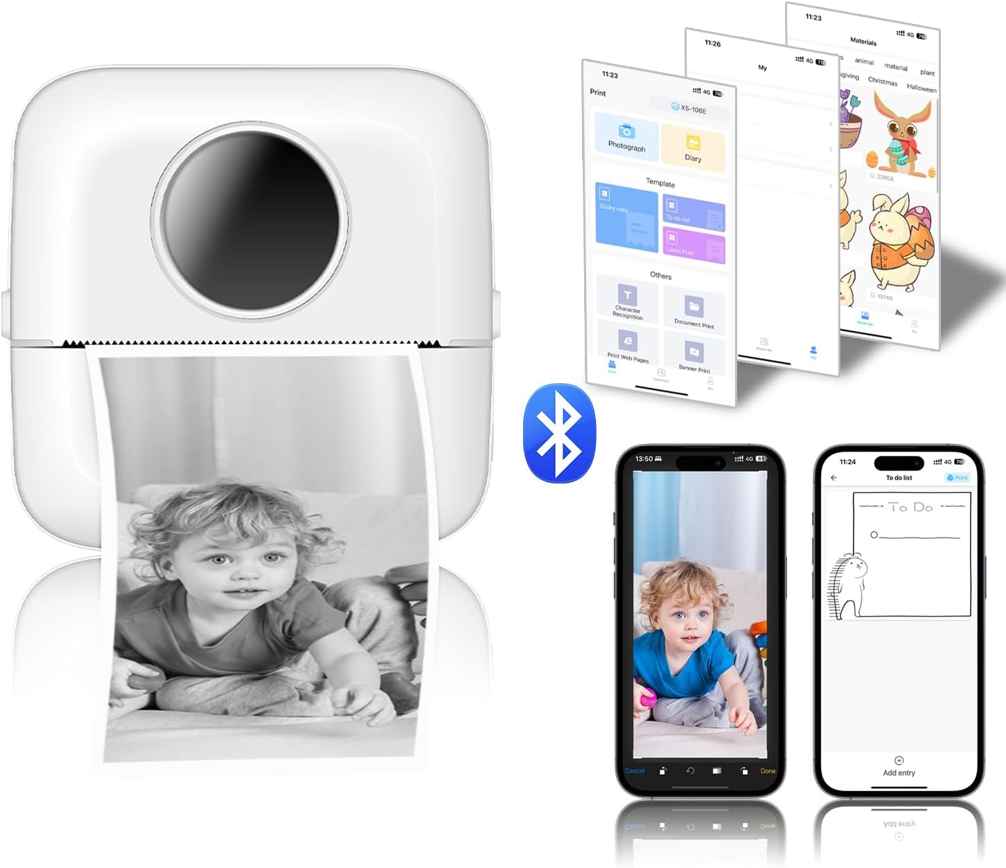 Mini impresora portátil, mini impresora de calcomanías Bluetooth, impresora térmica inteligente sin tinta de bolsillo para iOS y Android, impresora