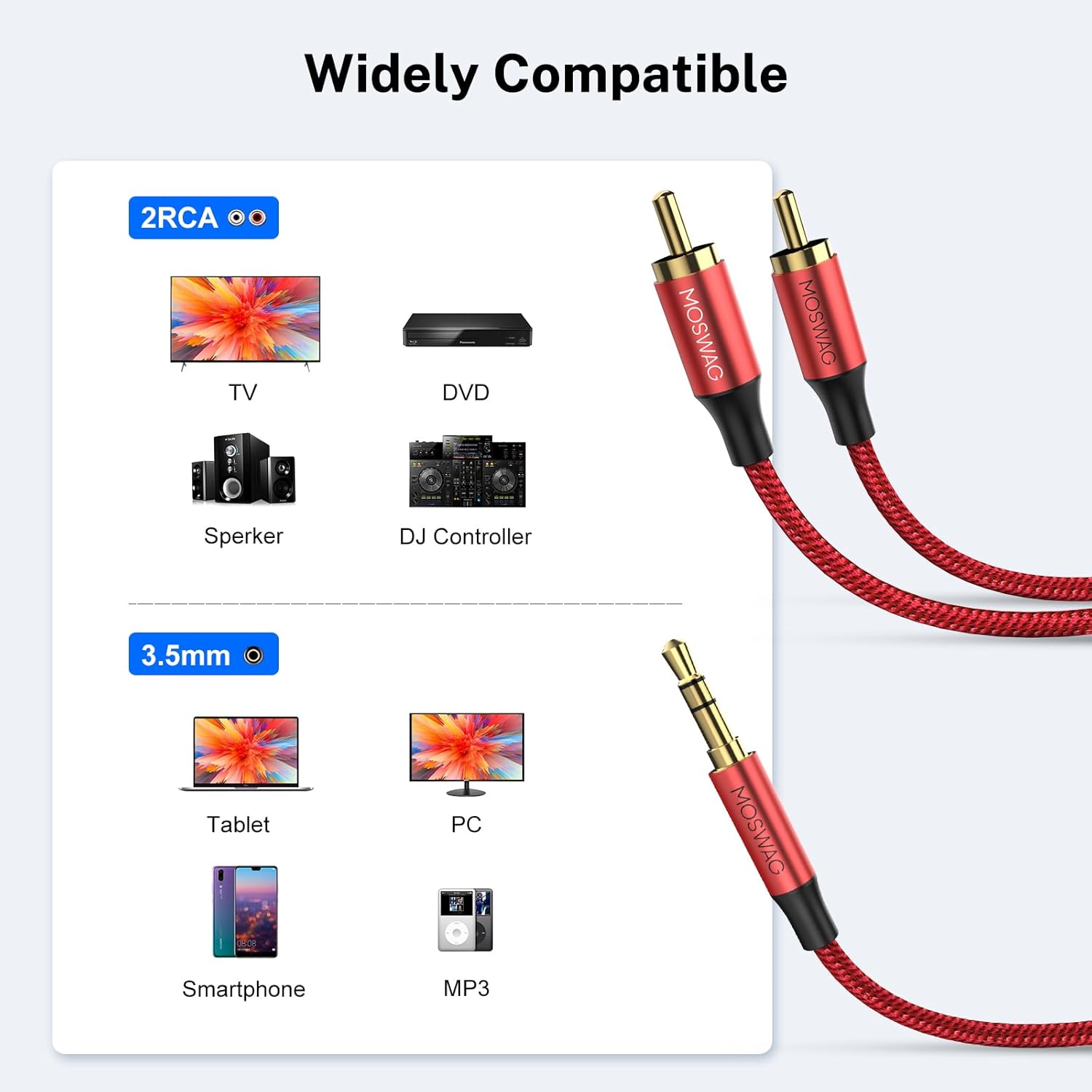 MOSWAG Cable RCA, adaptador de audio estéreo macho de 0.138 in a 2RCA macho, doble blindado, chapado en oro, cable coaxial trenzado de nailon AUX