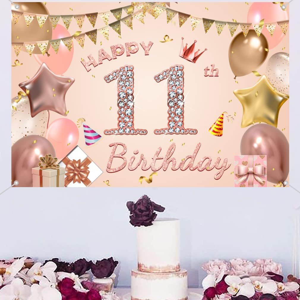 Cartel de tela para decoración de cumpleaños número 11 para niñas de 11 años, cartel de tela para fiesta de cumpleaños de niña, fondo de foto rosa