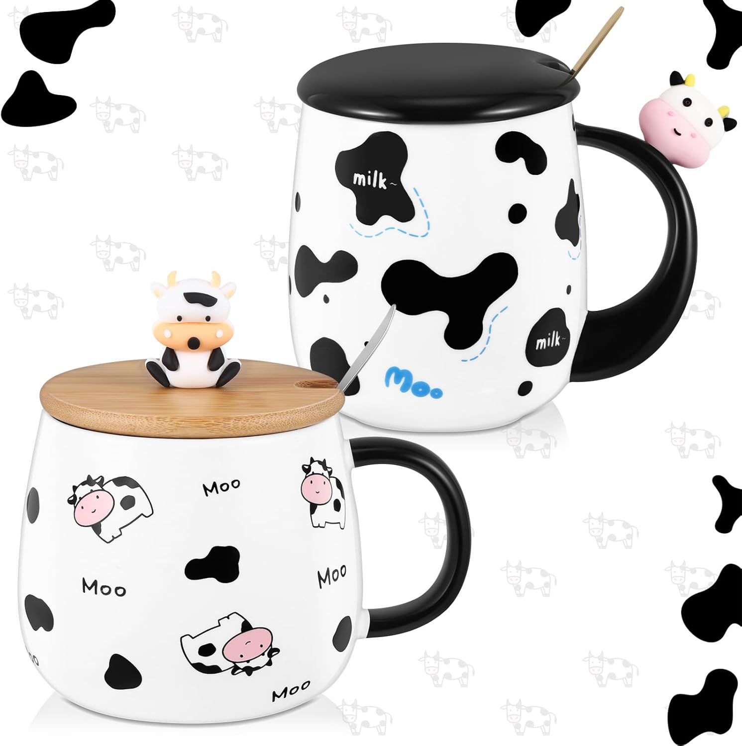 2 tazas de café de vaca navideña, tazas de café de vaca de cerámica con cuchara y tapa, tazas de vaca, divertidas tazas de animales en 3D, regalos