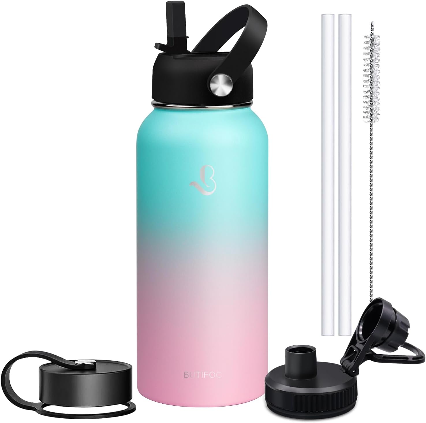 Botella de agua aislada de 32 onzas con popote y 3 tapas (pajilla, boquilla y tapa con asa), botella de agua deportiva de acero inoxidable, jarra de