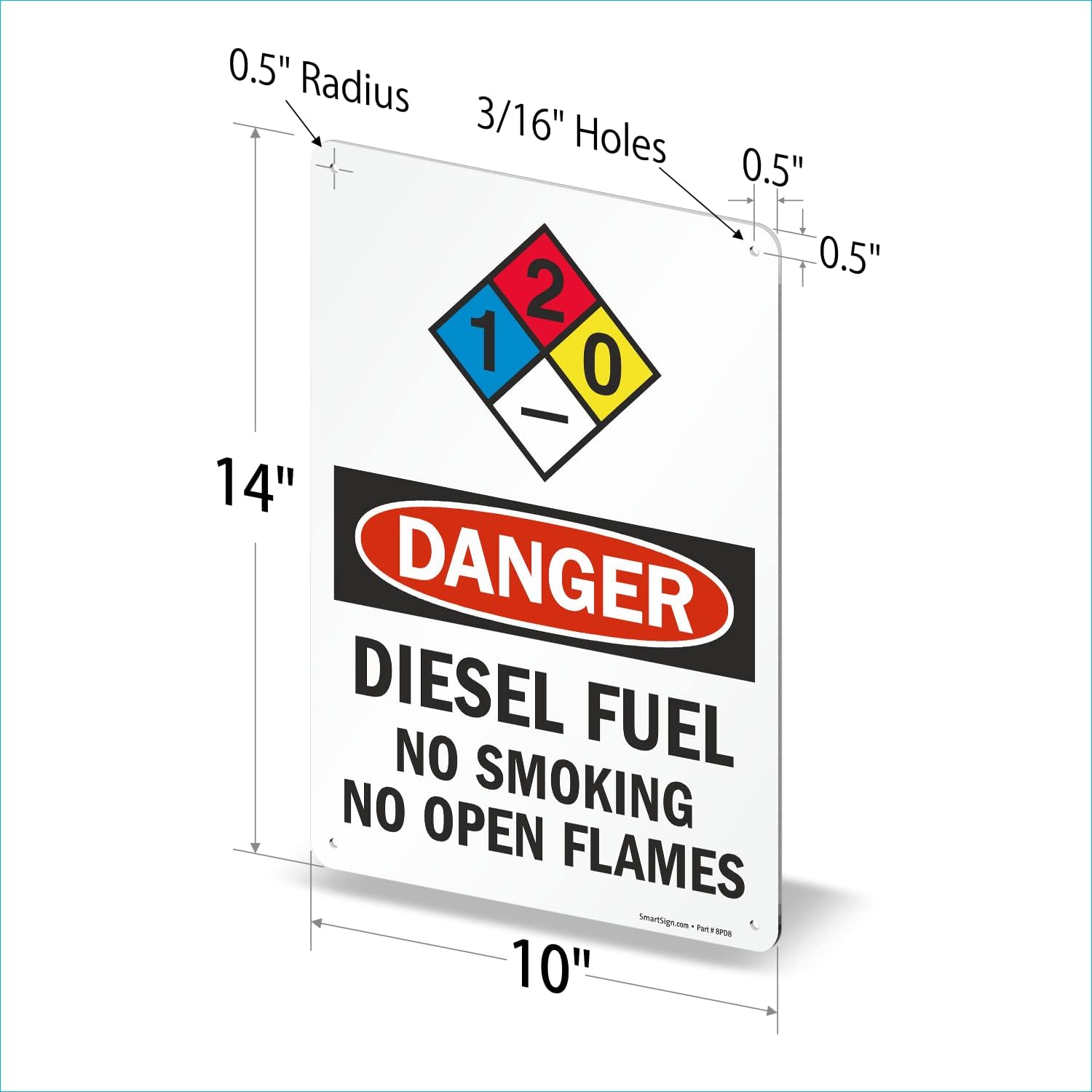 Señales de seguridad SmartSign. Mensajes “Danger Diesel Fuel No Smoking No Open Flames”, letras negras o rojas sobre fondo blanco., 1