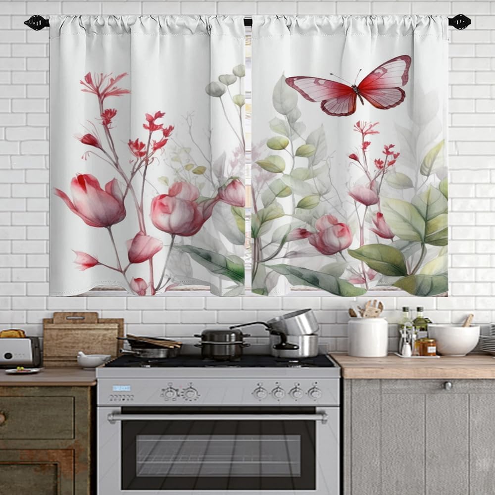 Cortinas de cocina con diseño de flores y mariposas florales, con bolsillo para barra, cortina pequeña para cafetería, juego de 2 paneles de 27.5