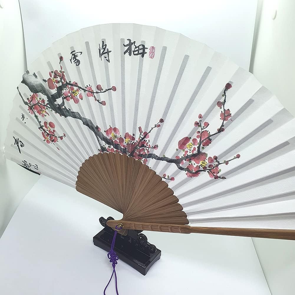 Ventilador tradicional coreano pintado a mano plegable con diseño de flor de ciruelo, ventilador decorativo de mano con soporte