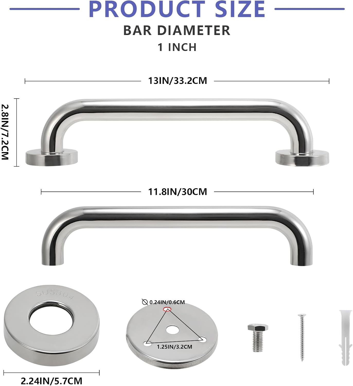 Barras de agarre para bañeras y duchas, paquete de 2 barras de agarre de ducha de 12 pulgadas, mango de ducha de acero inoxidable, barra de agarre