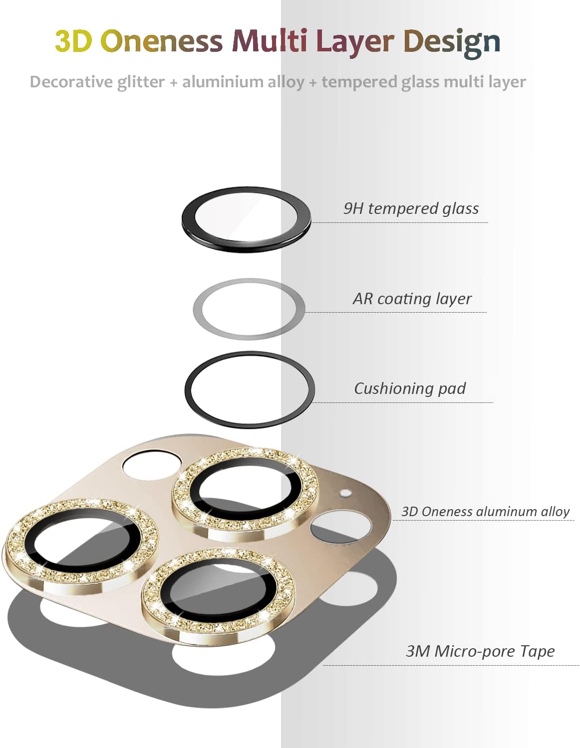 Tamoria Protector de lente de cámara con purpurina compatible con iPhone 14 Pro Max y iPhone 14 Pro Metal Plus cubierta de cámara de vidrio templado