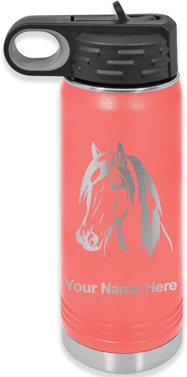 LaserGram Botella de agua con tapa abatible de doble pared de 20 onzas con pajilla, cabeza de caballo, grabado personalizado incluido (coral)
