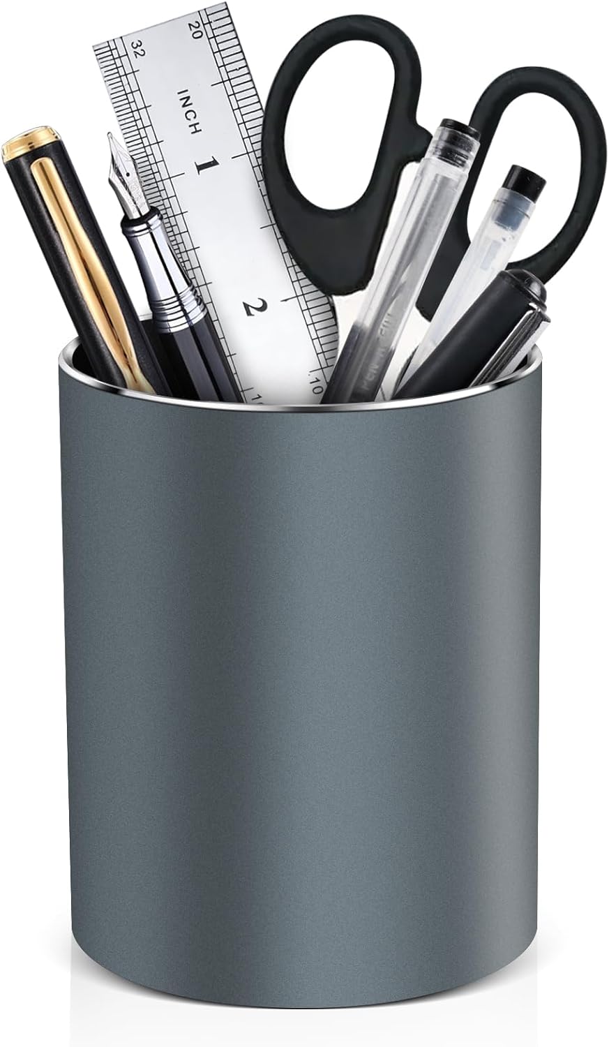 Soporte de metal para bolígrafo para escritorio, organizador de escritorio redondo de aluminio y soporte para brochas de maquillaje, caja de