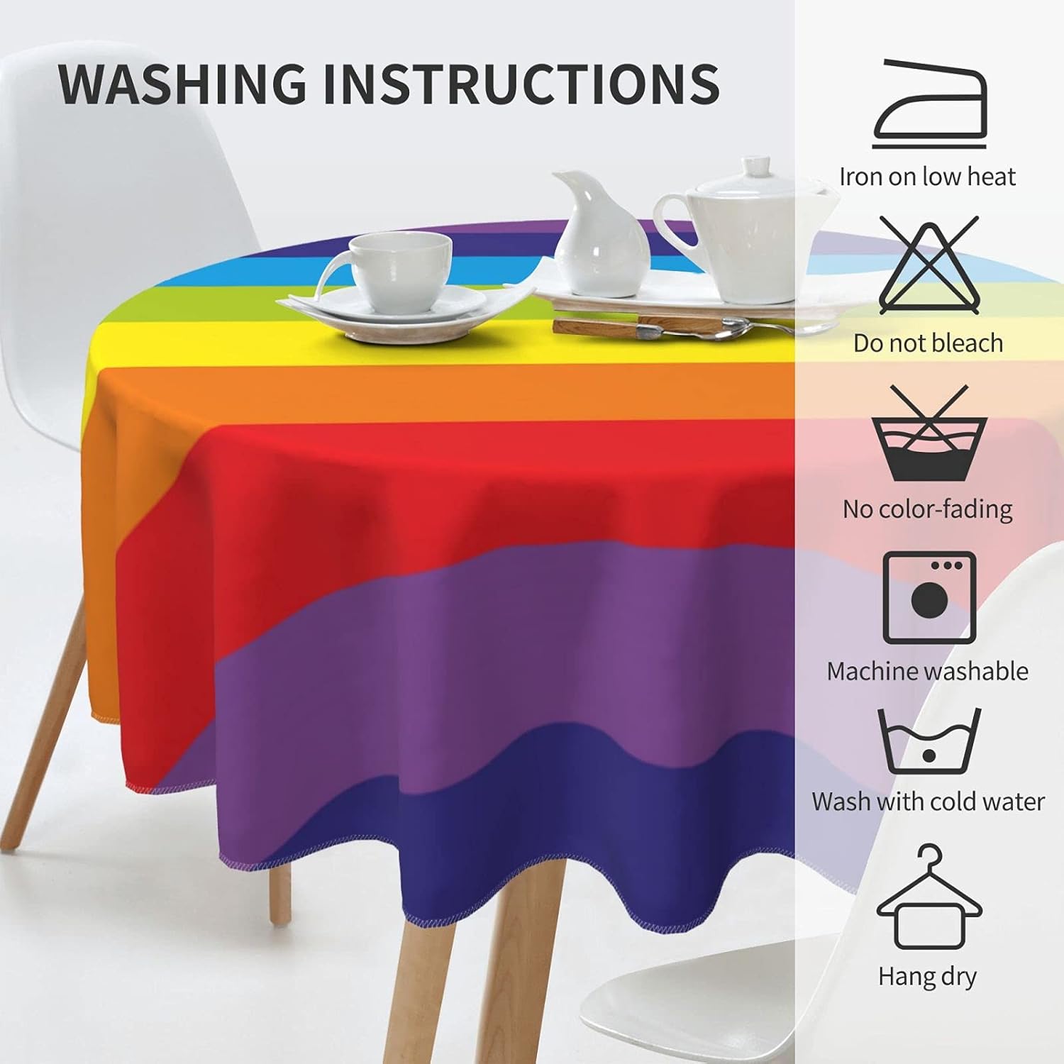 Mantel redondo colorido de 60 pulgadas con diseño de bandera de arco iris, lavable, para interiores y exteriores para comedor