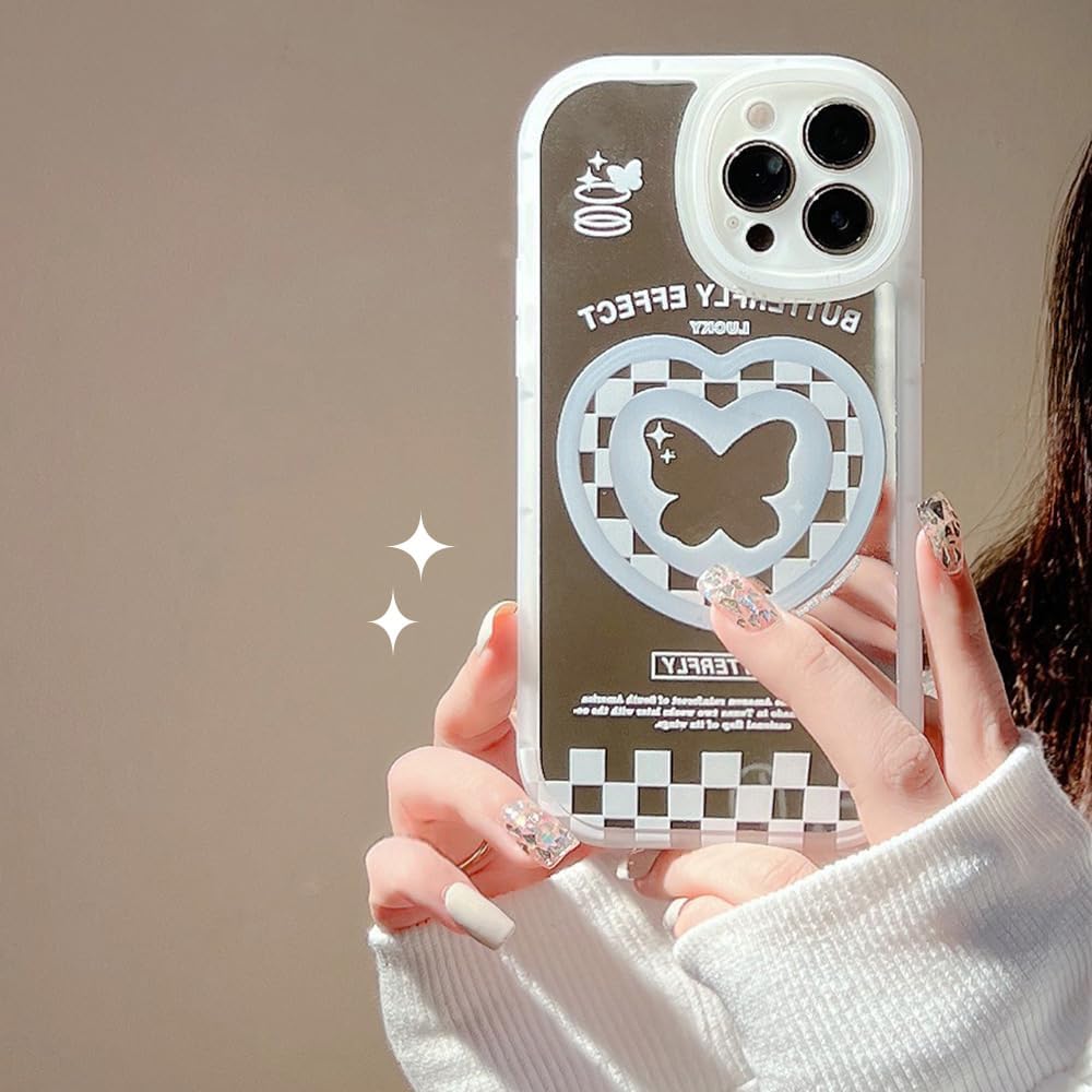Funda para iPhone 13, diseño de cuadrícula de mariposa con espejo, diseño femenino de dibujos animados Kawaii Y2K, diseño de impresión femenina para