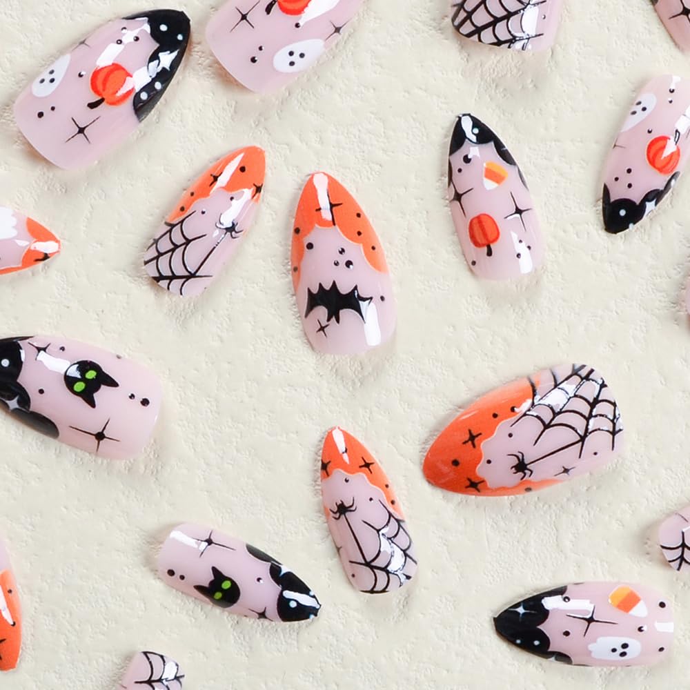 24 uñas de Halloween, puntas francesas, uñas acrílicas a presión, uñas postizas cortas en forma de almendra, lindas calabazas, murciélagos,