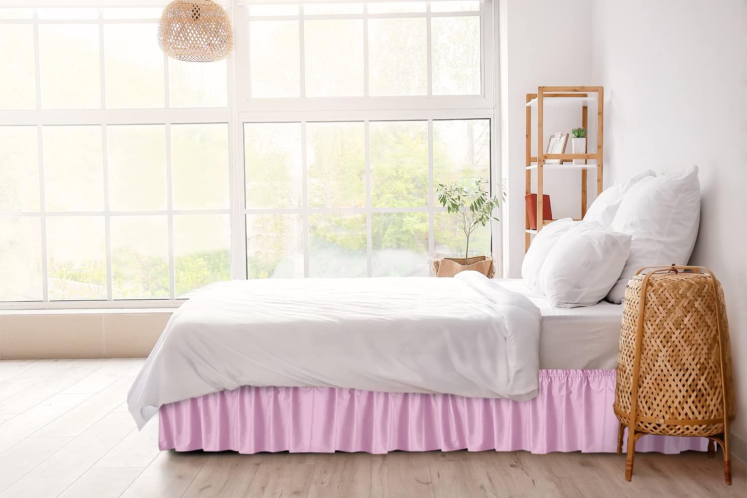 CGK Linens – Falda de cama envolvente con volantes, color rosa claro, para camas de tamaño individual con caída de 24 pulgadas, correa elástica de