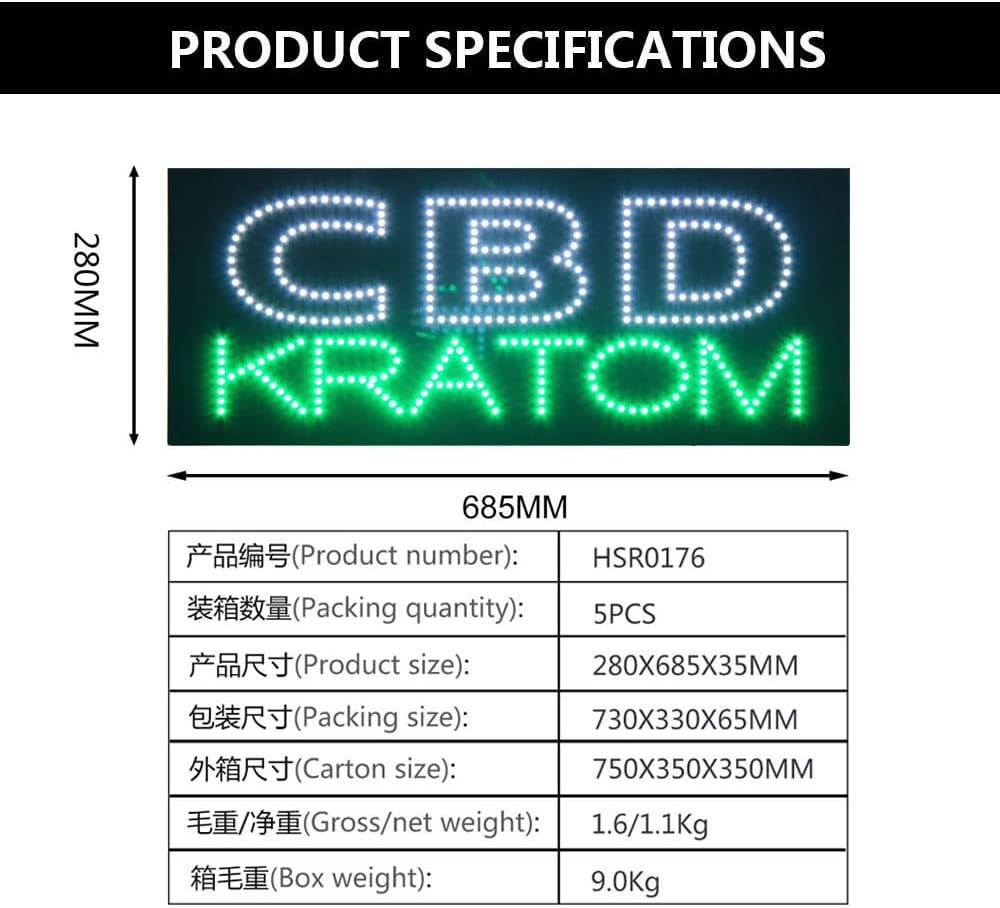 Letrero LED Kratom CBD para negocios, letrero abierto LED súper brillante para ahumadero, letrero de publicidad eléctrica para tienda de tabaco,