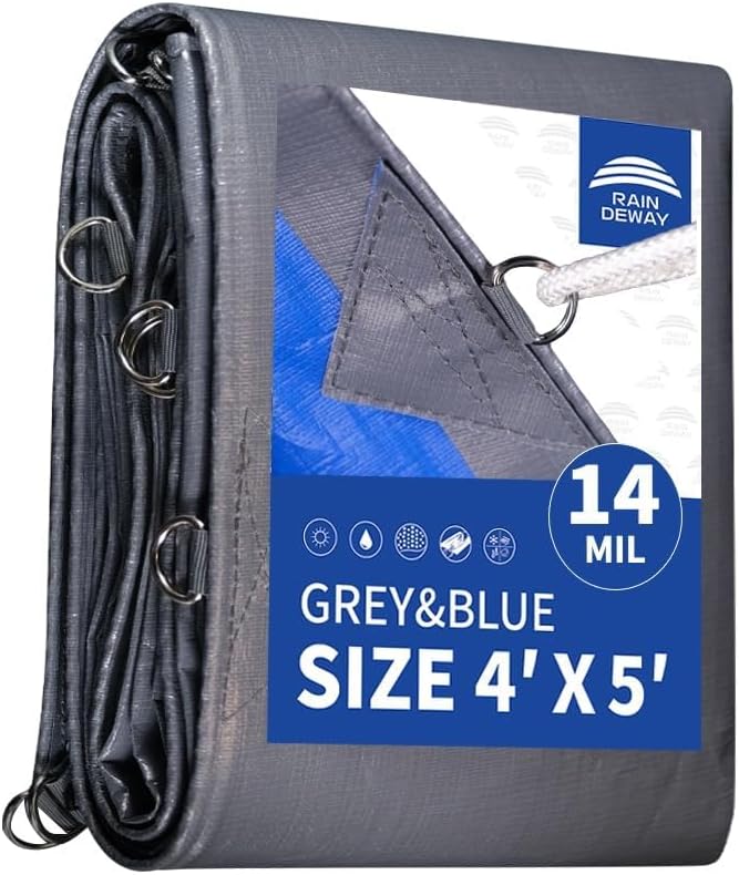 RAINDEWAY Tarps – Lona resistente al agua de 4 x 5 pies -14 mils súper resistente con anillos de metal y esquinas y bordes reforzados, resistente a