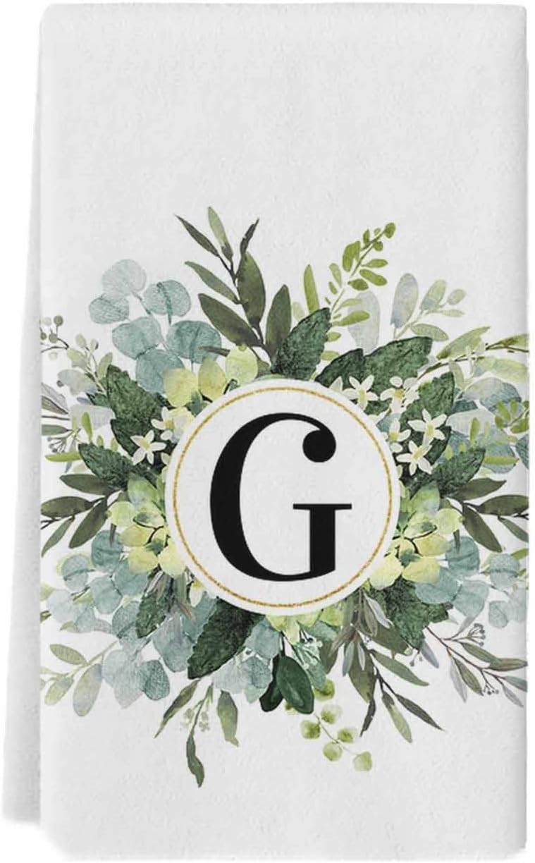 Juego de 1 juego de toallas de cocina y paños de cocina, monograma de letra G, eucalipto, cabaña, primavera, verano, estilo rural, 18 x 28 pulgadas,