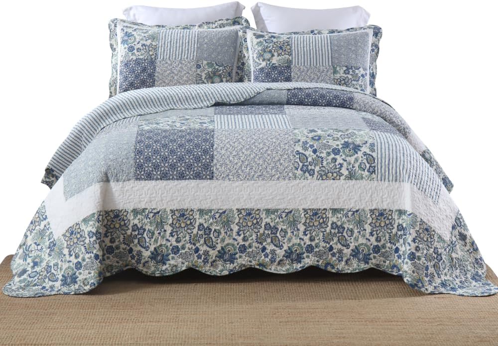 Juego de ropa de cama de algodón de 3 piezas, reversible, juego de colcha reversible vintage floral de retazos azules, tamaño Queen