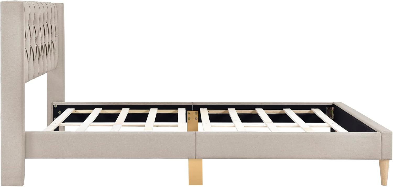 Base de cama tamaño Queen, plataforma tapizada de tela de lino con cabecero y patas de madera de goma, no necesita somier, para niños, adolescentes,