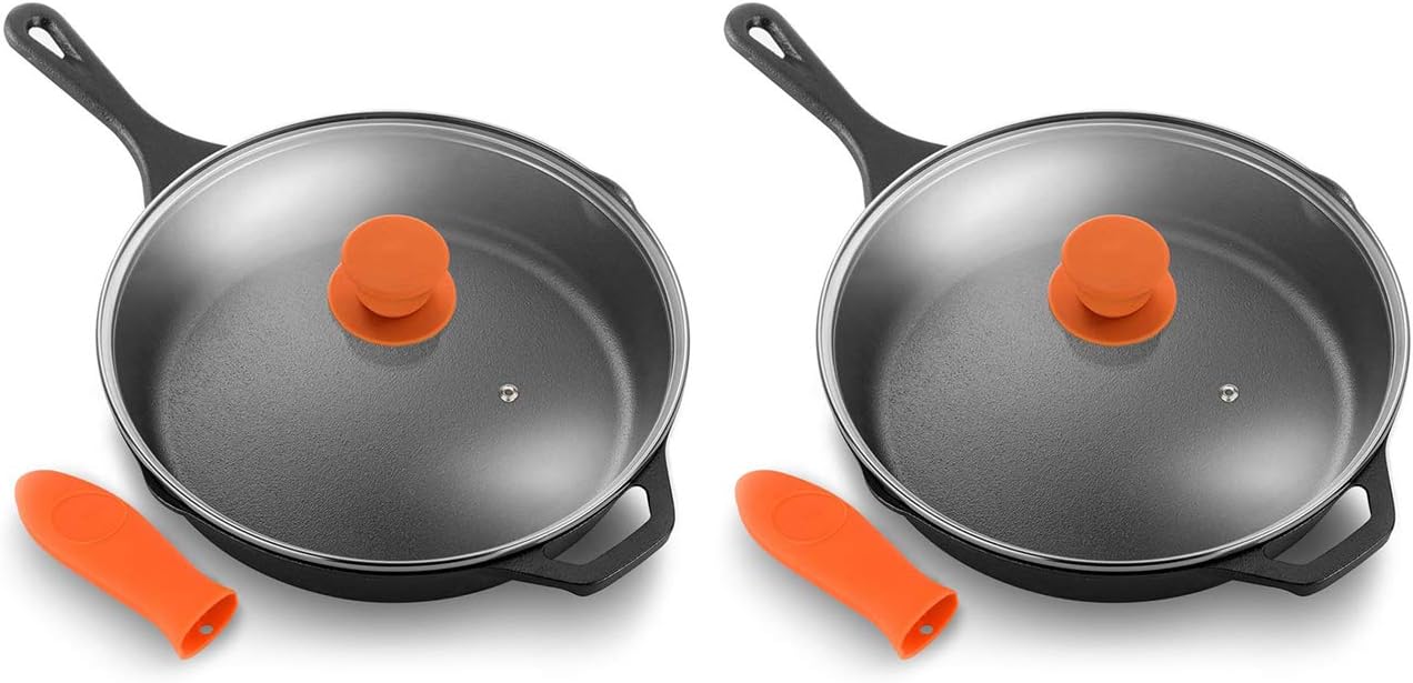 NutriChef NCCI10 – Juego de utensilios de cocina de hierro fundido antiadherente de 10 pulgadas con tapa de vidrio templado y mango de silicona para