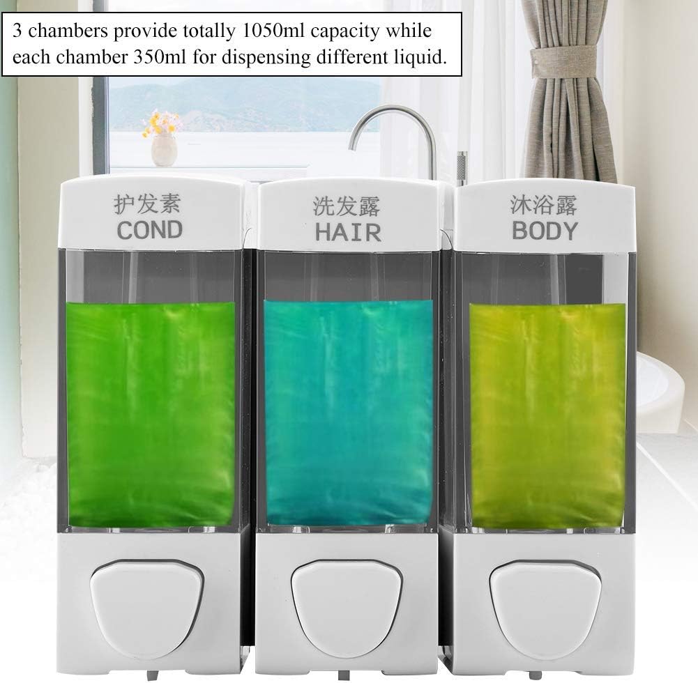 Oumefar Dispensador de 3 cámaras y ducha montado en la pared, loción líquida, dispensador de champú manual, dispensador de ducha, 3 cámaras, sin