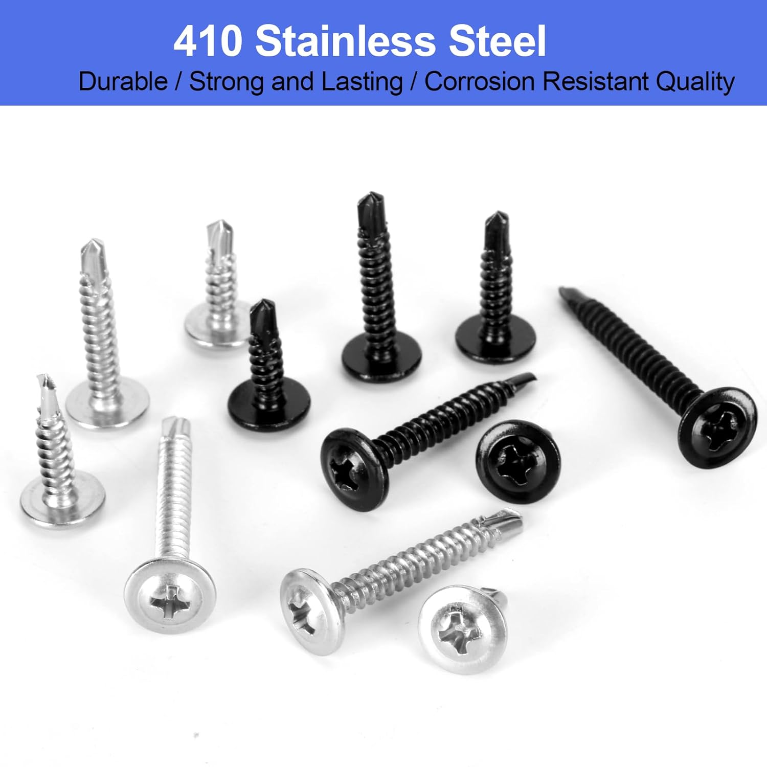 #8 Kit surtido de tornillos autorroscantes, 400 tornillos autorroscantes de cabeza de armadura modificada, 410 tornillos autoperforantes de acero