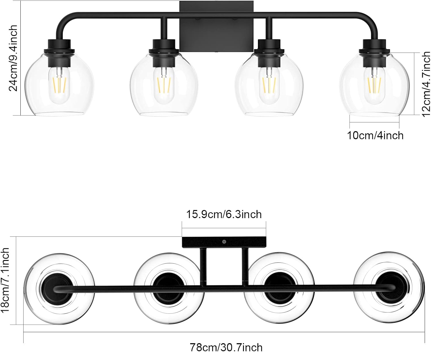 Tipace Lámparas industriales para tocador de baño, 4 luces, acabado negro vintage con globo de vidrio transparente, iluminación de baño de granja