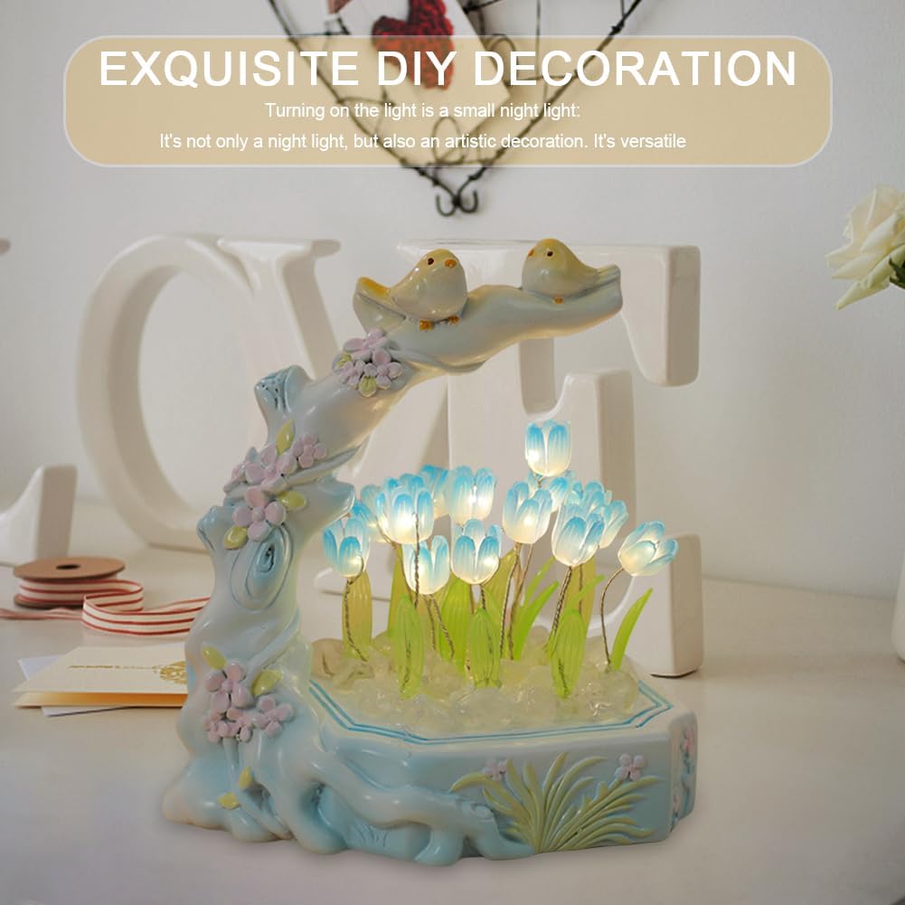 Lámpara de tulipanes de pájaros y flores, lámparas de mesa de tulipanes con 16 flores, mesita de noche, escritorio, lámpara de flores para niñas,