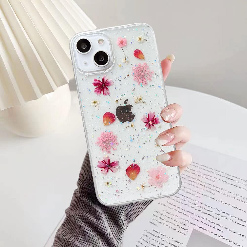 Diseñada para iPhone 13, funda estética brillante transparente con diseño de flores naturales, TPU suave prensado floral real, a prueba de golpes,