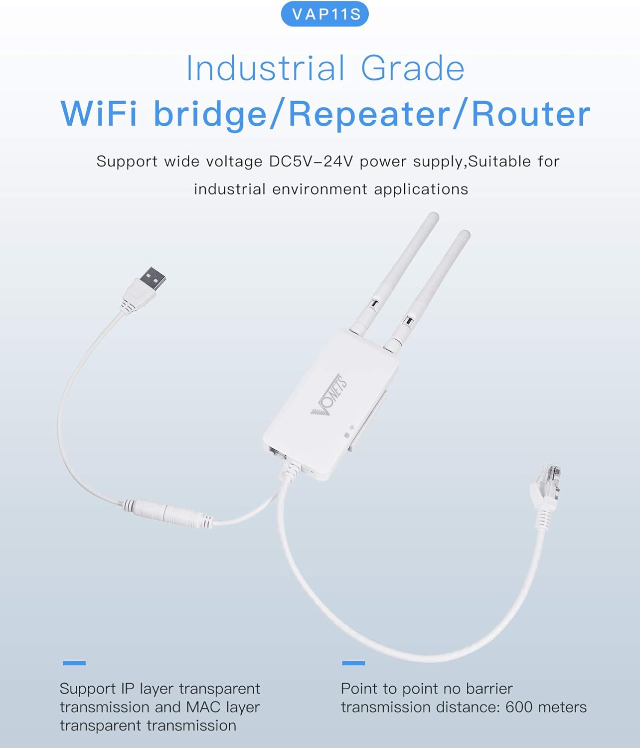 Vonets VAP11S Mini repetidorpuente inalámbrico EthernetWiFi Router 2.4GHz industrial con 2 puertos Ethernet RJ45 y 2 antenas externas, gran socio