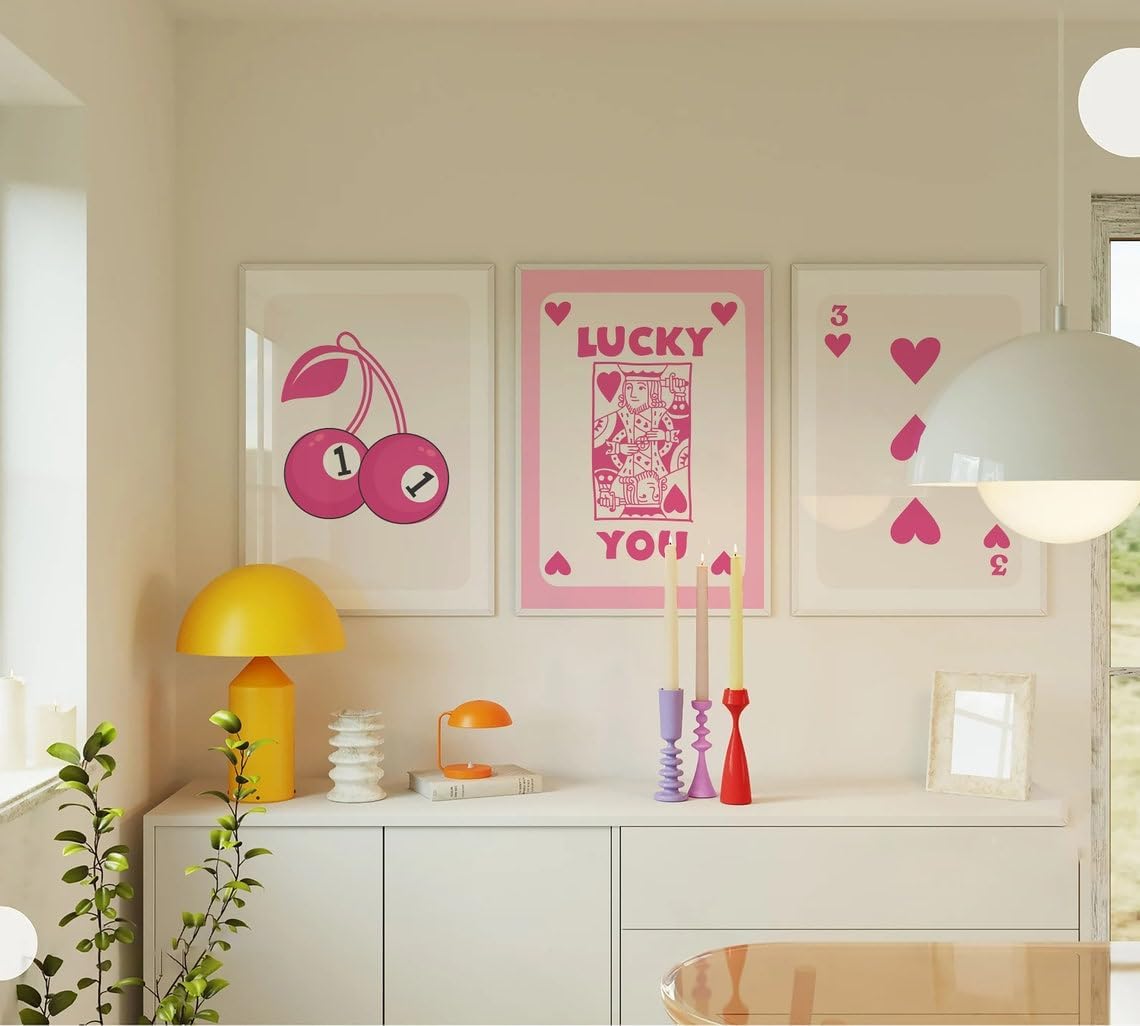 Arte de pared retro de la tarjeta de Ace de moda, póster de tarjeta de Ace rosa, arte de pared de galería, juego de 3 arte de pared de póquer