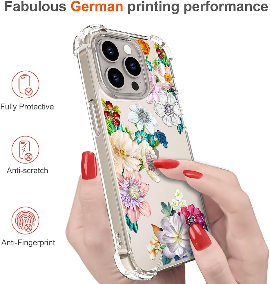 Funda para iPhone 15 Pro con diseño floral, bonita funda transparente con diseño, femenino para mujeres y niñas, funda transparente floral